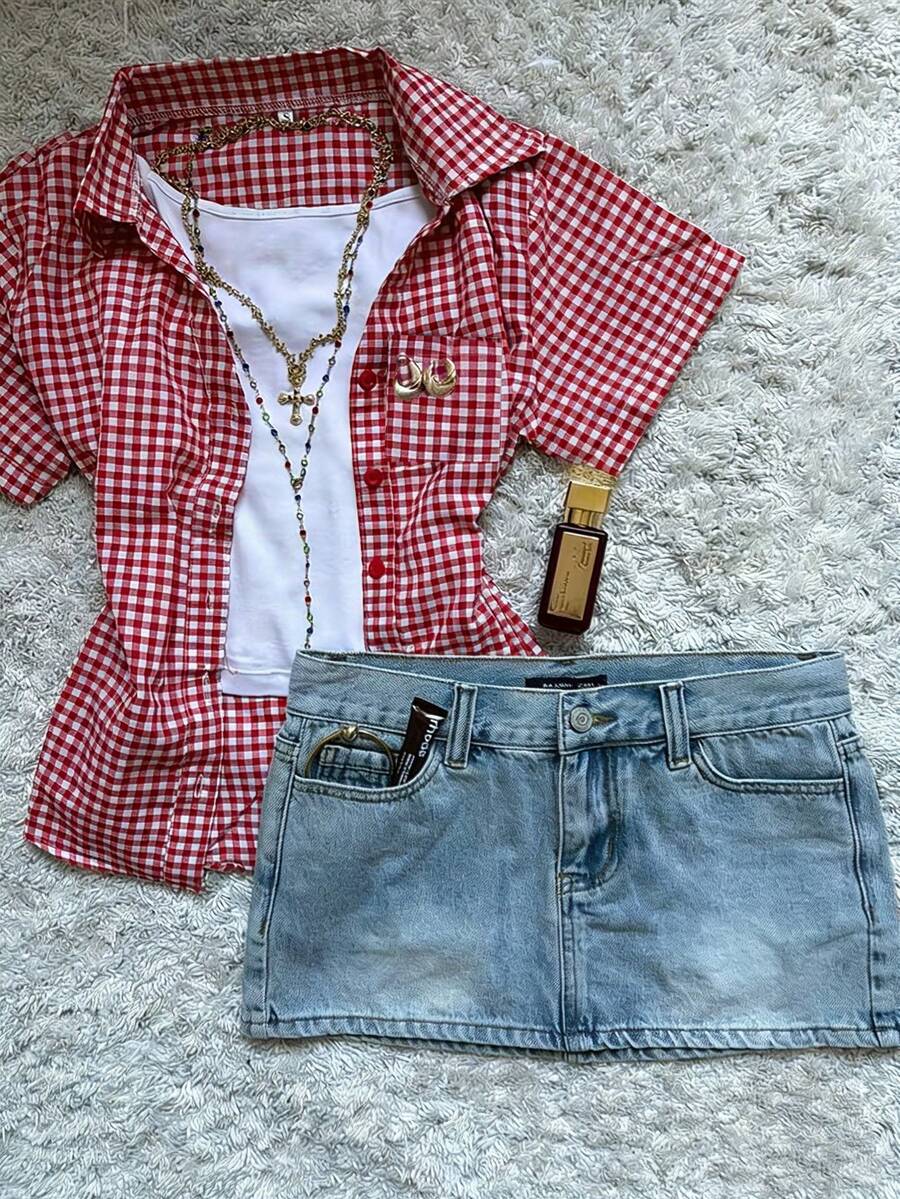 INAWLY 女士短袖单排扣休闲格子口袋衬衫 - 紅色 - 查看 1