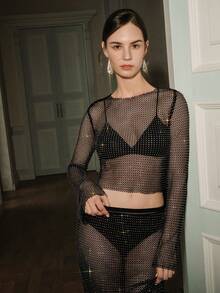 Anewsta High-End Design Black & Gold Rhinestone Mesh Long Sleeve Cropped Top, Mature Women's Theme Party Trendsetter Chic Outfit - Black - View 6