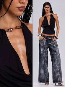 ROMWE Top sin espalda con cuello drapeado, unicolor y versátil, estilo Y2K - Negro - Ver 11