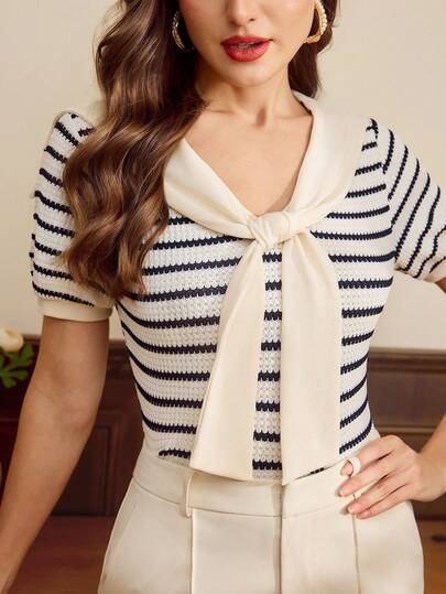 Vintamour Vintage Elegant Women's T-Shirt Sailor Collar Striped Contrast Color Tie Front Casual Commute Holiday Top Summer Outfits For Women Summer Clothes Spring Outfit Women Spring Clothing Spring Clothes Women Easter Work Outfits For Women Office Outfits For Women Work Wear Women Office Wear For Women Vacation Outfits Women Summer Holiday Outfits For Women Vacation Outfit