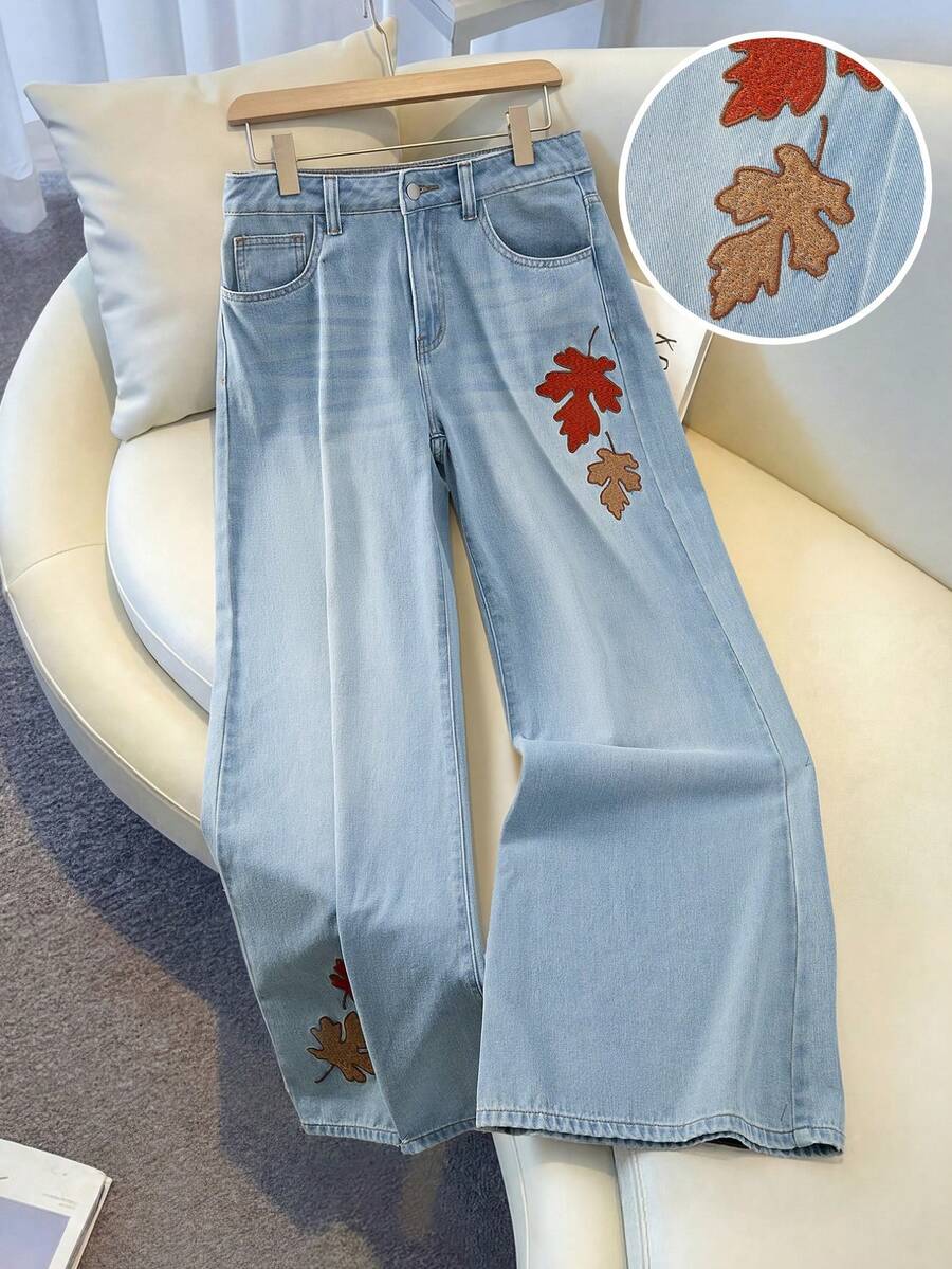 GlowEve Women's Pocket Button Patch Casual Versatile Daily Wear Wide Leg Jeans - Blue - View 1