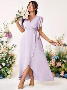 Cravure Plus Size Romantic Elegant Wedding Solid Color Cross V-Neck Tie Side Ruffle Sleeve Dress - Purple - View 4