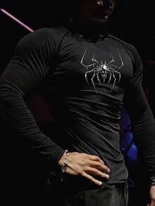 RISE LYT Men's Casual Spider Print Round Neck Long Sleeve T-Shirt Compression Shirt Men - Black - View 1