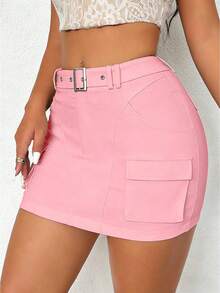 VaVaBold Women's Solid Color Utility Pocket Casual Bodycon Mini Skirt - Pink - View 5