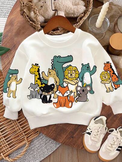SHEIN Baby Boys' Casual Cartoon Animals Print Loose Knit Soft Thick Crew Neck Sweatshirt, Suitable For Autumn And Winter