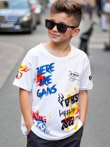 Áo thun bé trai thời trang, thiết kế nghệ thuật, in họa tiết độc đáo, phù hợp cho mọi mùa, áo thun mùa hè, áo thun cho trẻ lớn. - trắng - Xem 3
