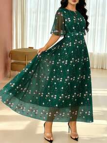 Modelyn Đầm dài nữ tối giản, thanh lịch, cổ tròn, tay phồng, họa tiết hoa thêu giả, thích hợp cho kỳ nghỉ hè và mặc hàng ngày. - Nhiều màu - Xem 7