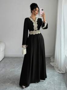 Rafferiza 女士纯色浅灰绿色V领收腰长袖A字荷叶边收腰长袍，女士长款长袍 - 黑色 - 查看 5