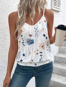 EMERY ROSE Women's Floral Print Textured Hollow Out Camisole - White - View 5