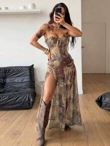 SHEIN Coolane 女士碎花开衩设计休闲百搭约会之夜半身裙 - 咖啡棕 - 查看 5