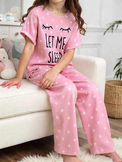Tween Girls Eyelash Letter & Polka Dot Print Short Sleeve Top And Loose Pants Casual Comfortable 2 Pieces Pajama Set