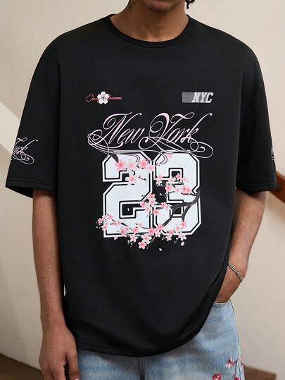 GALLERY FADE Herren Rundhals T-Shirt mit Buchstaben- und Zahlen-Muster, vielseitig für den täglichen Gebrauch, Kurzarm