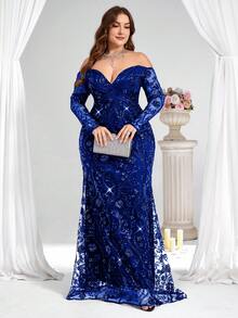 Coutiva Plus Size Women's Off-Shoulder Sequin Luxurious Formal Evening Gown (Heavy Embellishment) - Royal Blue - View 6