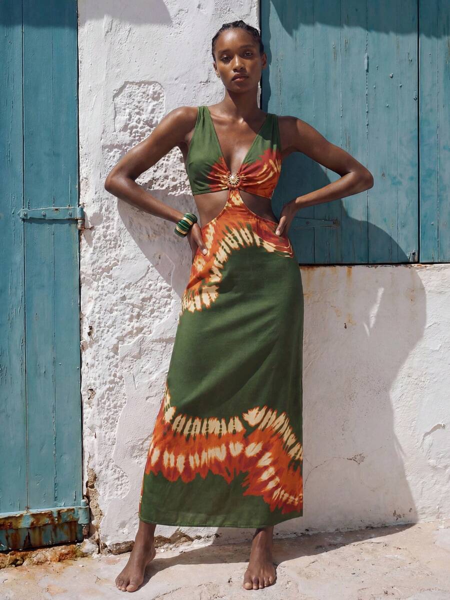 SHEIN Maija Women's Beach Vacation Casual Printed Vest Coverup Orange Ibiza Green Caribbean Dress Resort Wear Women Vacation Dress Caribbean Outfits For Women Summer Outfit For Women Beachwear Dress Cover Ups For Swimwear - Multicolor - View 1