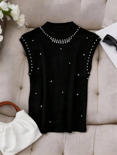 GlowEve CURVE Plus Size Women Casual Rhinestone Decor Stand Collar Top, Versatile For Daily Wear