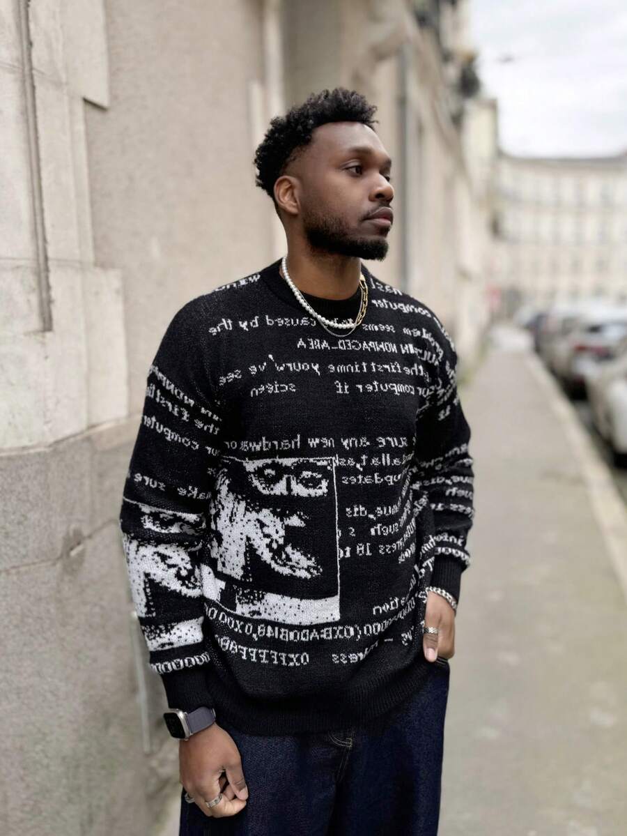 Heavens Edit ANDREILEE 秋冬欧美风男女通用休闲复古抽象字母报纸印花提花针织圆领毛衣 - 黑色 - 查看 1