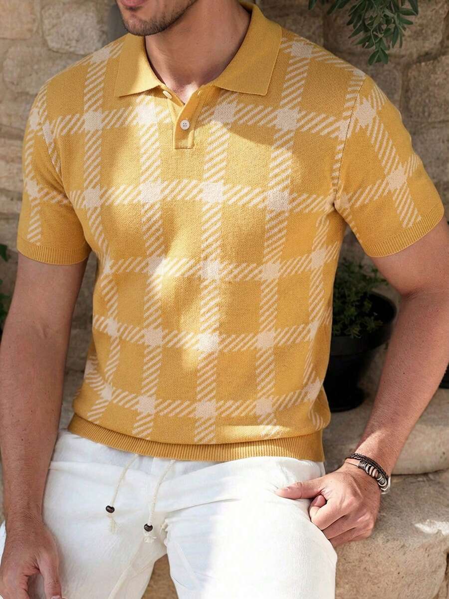 Manfinity Homme 男士短袖格子半开襟休闲针织上衣 - 黃色 - 查看 1
