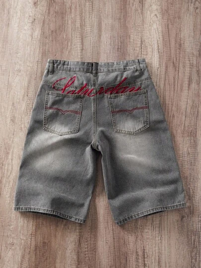 Manfinity Joysei Men's Straight Leg Embroidered Denim Shorts Shorts With Vintage Written On Them For Men