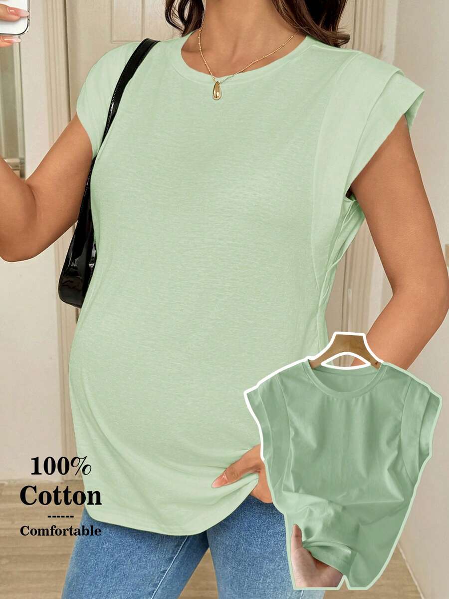 SHEIN Áo thun bầu màu trơn cổ tròn tay ngắn dáng rộng thoải mái - màu xanh lá - Xem 1