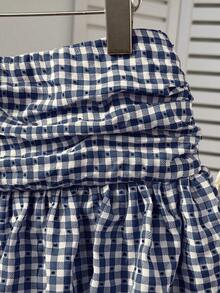 Flirla Women's Red Plaid Ruched High Waist Double-Layer Hem Romantic Vacation Sweet Casual Short Skirt, Spring/Summer - Navy Blue - View 5