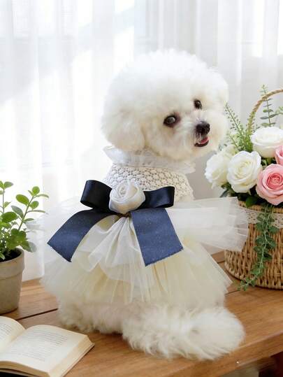 PETSIN 1件宠物复古公主风猫狗连衣裙，镂空玫瑰花蝴蝶结装饰婚纱礼服，适合日常宠物穿着及婚礼派对