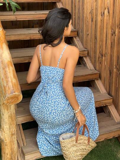 SHEIN EZwear 女士蓝色碎花无袖沙滩度假连衣裙