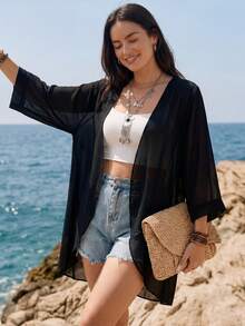 Juhart Plus Size Solid Color Loose Fit Casual Jacket - Black - View 3