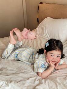 DAZY Young Girl Striped Short Sleeve Button-Up Pocket Top And Pants Loungewear Set - Multicolor - View 6