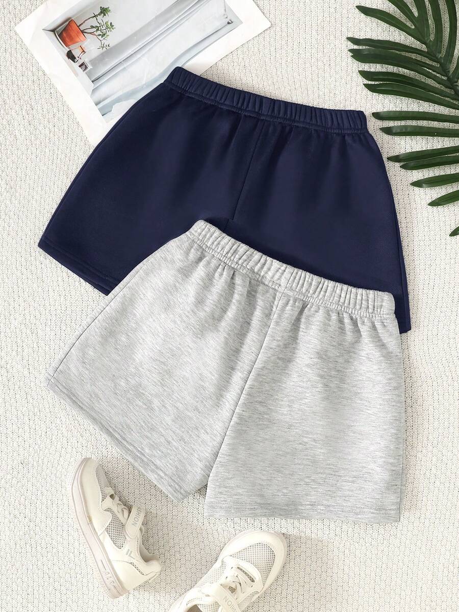 Set de 2 pantalones cortos de punto de pierna ancha de unicolor para niñas preadolescentes - Azul Marino - Ver 1