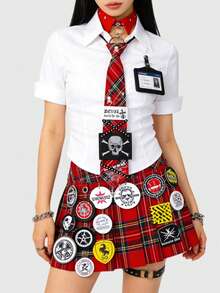 ROMWE Grunge Punk 1条黑色Y2K朋克风铆钉拉链金属骷髅头字母印花男女通用领带，哥特暗黑系配饰，独特个性化装饰 - 紅色 - 查看 7