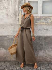 Brillora Mono sin mangas de pierna ancha para mujer, casual para vacaciones - Caqui - Ver 6