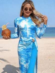 Swim Mulvari Blue & White Long Sleeve, Long Pants, Skirt 3-Piece Starfish & Wave Print Casual Beach Swimwear For Women, Spring/Summer - Blue and White - View 4