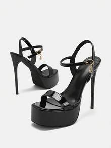 15厘米超高跟女式凉鞋2024新款夏季性感露趾细高跟鞋黑色厚底露跟派对走秀鞋 - 黑色 - 查看 6