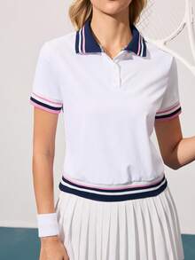 CourtClass CourtClass 女士撞色罗纹拼接 Polo 领纽扣宽松短袖运动休闲日常网球 Polo 衫 - 白色 - 查看 7