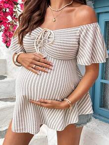 SHEIN 孕妇休闲条纹露肩T恤 - 白色 - 查看 5