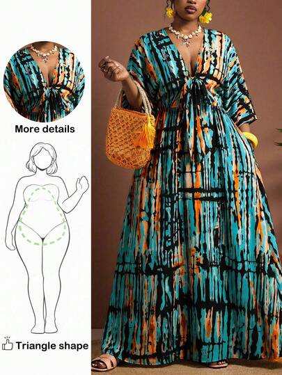 Truni Plus Size Women's Elegant Tie-Dye Tie Dye Long Sleeve Maxi Dress, Loose Fit Long Dress, Suitable For Vacation, Afternoon Tea, Beach Cruise, City Road Trip, Boho Style Vacation, Music Festival, Beach Outfit, Easter, Elegant Vacation Wear, Concert Outfit, Tropical Vacation Attire, Boho Vacation Clothing, Spring/Summer/Autumn Maxi Vacation Dress Plus Size Boho Dress Resort Wear Women Vacation Dress, For Pear And Triangle Body Shape Plus Size Beach Dress Plus Size Resort Wear Resort Wear Curve Maxi Dress Plus Size Swimsuit Cover Up Plus Size