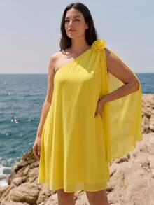 Juhart 女士优雅休闲黄色雪纺半透明不对称领口可拆卸花朵装饰宽松加大码迷你连衣裙，春夏款 - 黃色 - 查看 9