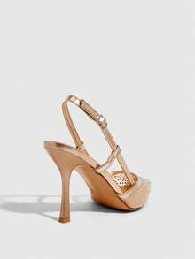 CUCCOO SZL Women's Pointed Toe High Heel Black Mesh Rhinestone Embellished Fashionable Sexy Glamorous Party Occasion Stilettos With Ankle Strap - Champagne 1 - View 3