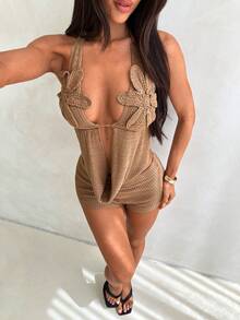 Aloruh Women's Sexy Backless Crochet 2 Pieces Set, Elegant Summer Outfit - Khaki - View 7