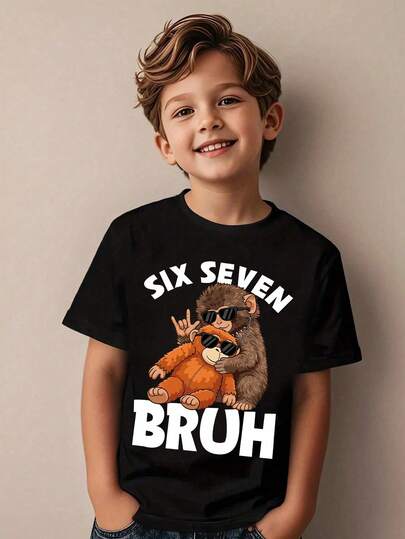 Toddler Boys' Casual Creative Cute Monkey Graphic Letter Print Short Sleeve T-Shirt, Comfortable Daily Wear For Spring, Summer And Autumn