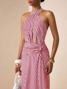 Zivah 2026春夏新款音乐节、复活节、圣帕特里克节、情人节、约会、西部风、游牧风、生日派对、毕业典礼、学院风、学生装、日常穿着、百搭基础款、休闲装、度假、邮轮旅行、海滩、日光浴、爆款、街头风、婚礼宾客、通勤族、早午餐、机场、派对、假日郊游、办公装、露背吊带、腰带、露背、条纹面料、蓝色条纹长裙 - 紅色 - 查看 6