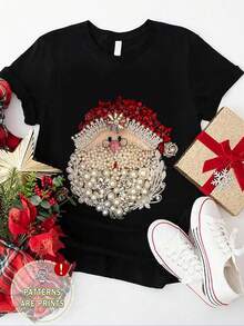 INAWLY Santa Claus Faux Jewelry Print Round Neck T-Shirt, Christmas Gift - Black - View 5