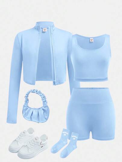 SHEIN 3pcs Tween Girl Long Sleeve Zip-Up Mock Neck T-Shirt, Vest And Leggings Sports Outfit Set Baby Blue Outfit Blue Set Blue Two Piece Set Blue Clothes Teen 3 Piece Short Set Baby Blue Outfit Girls Light Blue Outfit Light Blue Outfits Blue Outfits For Teens