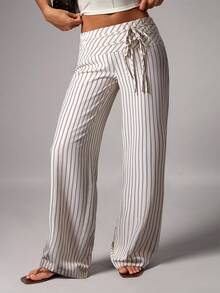 Avenya 杏色条纹高腰双腰系带阔腿裤 - 彩色 - 查看 1