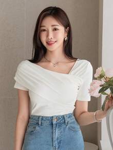 Women Summer Asymmetrical Collar Pleated Plain Short Sleeve T-Shirt,Crop Tops Women - White - View 3