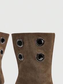 CUCCOO SZL Knee High Stiletto Boots With Side Zipper And Metal Grommet Detailing Open Toe Design For Christmas - Khaki - View 5