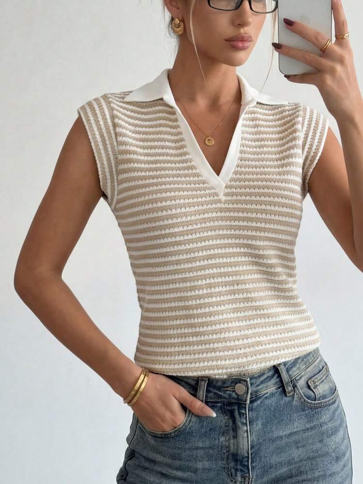 Ritzy Row Striped Apricot Deep V Neck T Shirt For Women Knitted