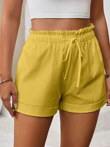 Glamine 女士休闲纯色抽绳口袋短裤 - 薑色 - 查看 2