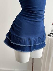 SHEIN Đầm denim ngắn ôm sát, không dây vai, xếp tầng, thắt nơ. - Màu xanh lam - Xem 6