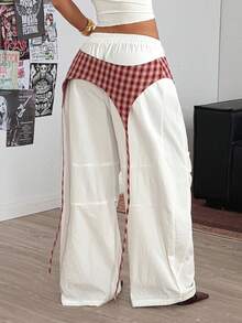 Coolane 白色梭织女式拼接格子阔腿裤 - 紅白色 - 查看 6